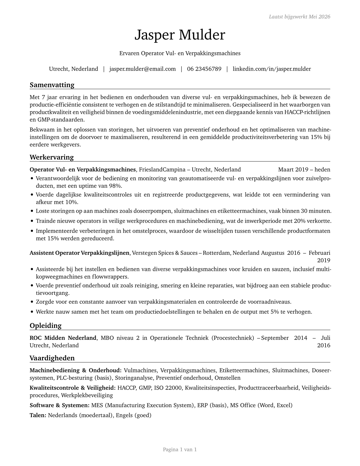 Packaging and Filling Machine Operators and Tenders CV in Dutch — page 1