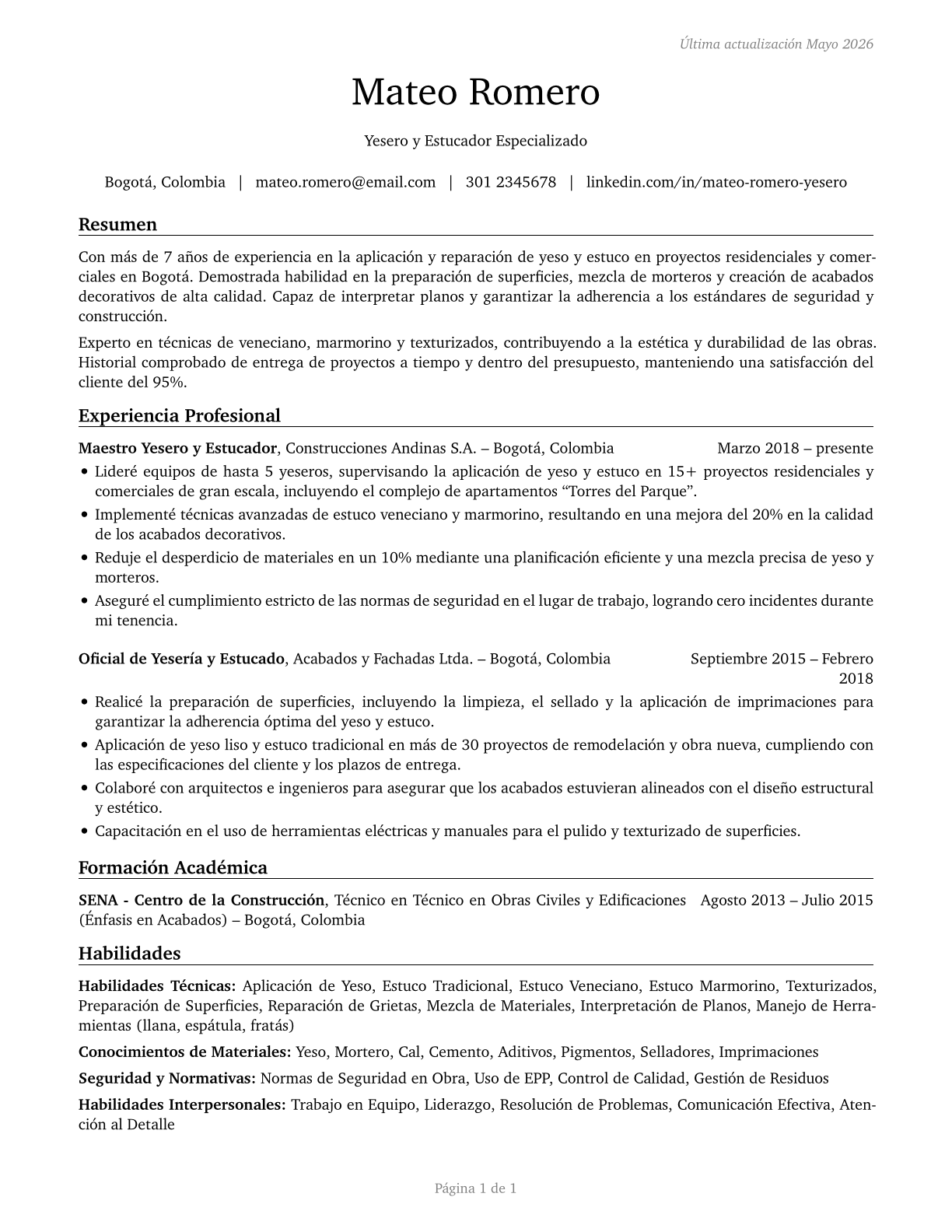 Plasterers and Stucco Masons CV in Spanish — page 1