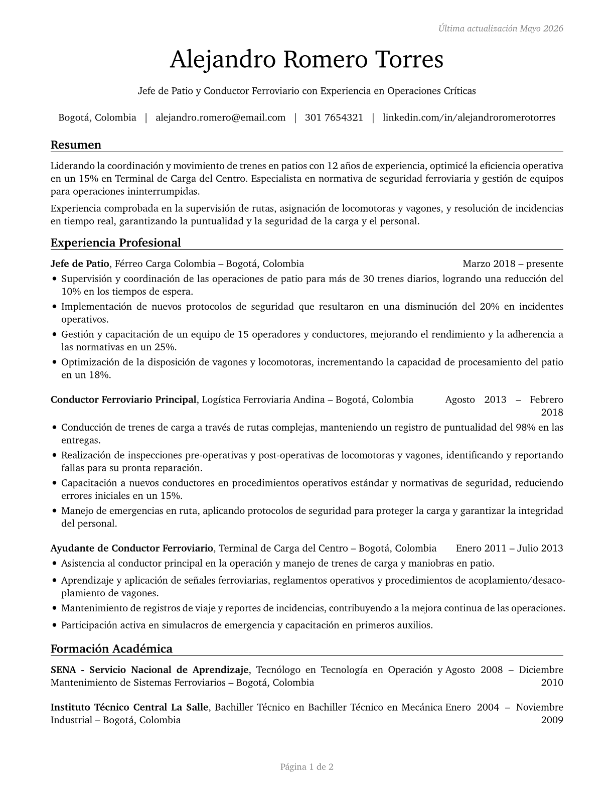 Railroad Conductors and Yardmasters CV in Spanish — page 1