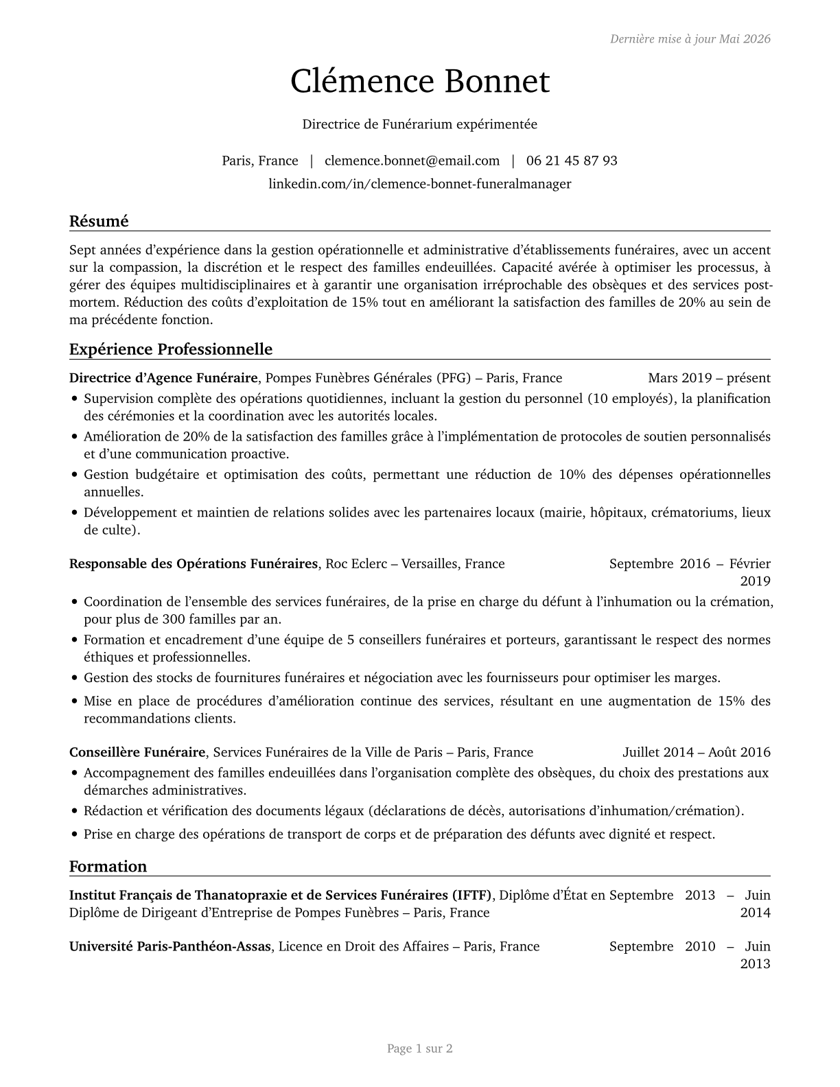 Funeral Home Managers CV in French — page 1