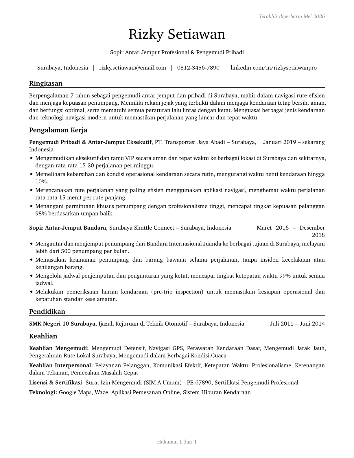 Shuttle Drivers and Chauffeurs CV in Indonesian — page 1