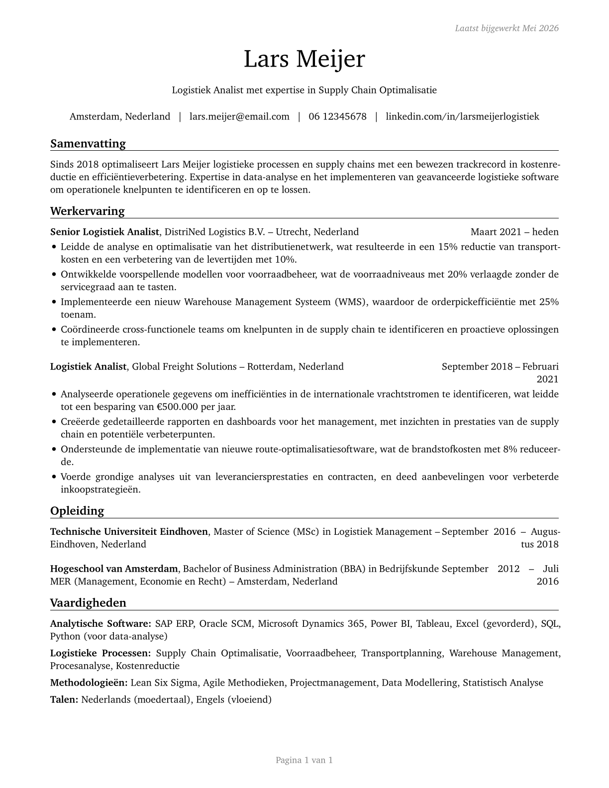 Logistics Analysts CV in Dutch — page 1