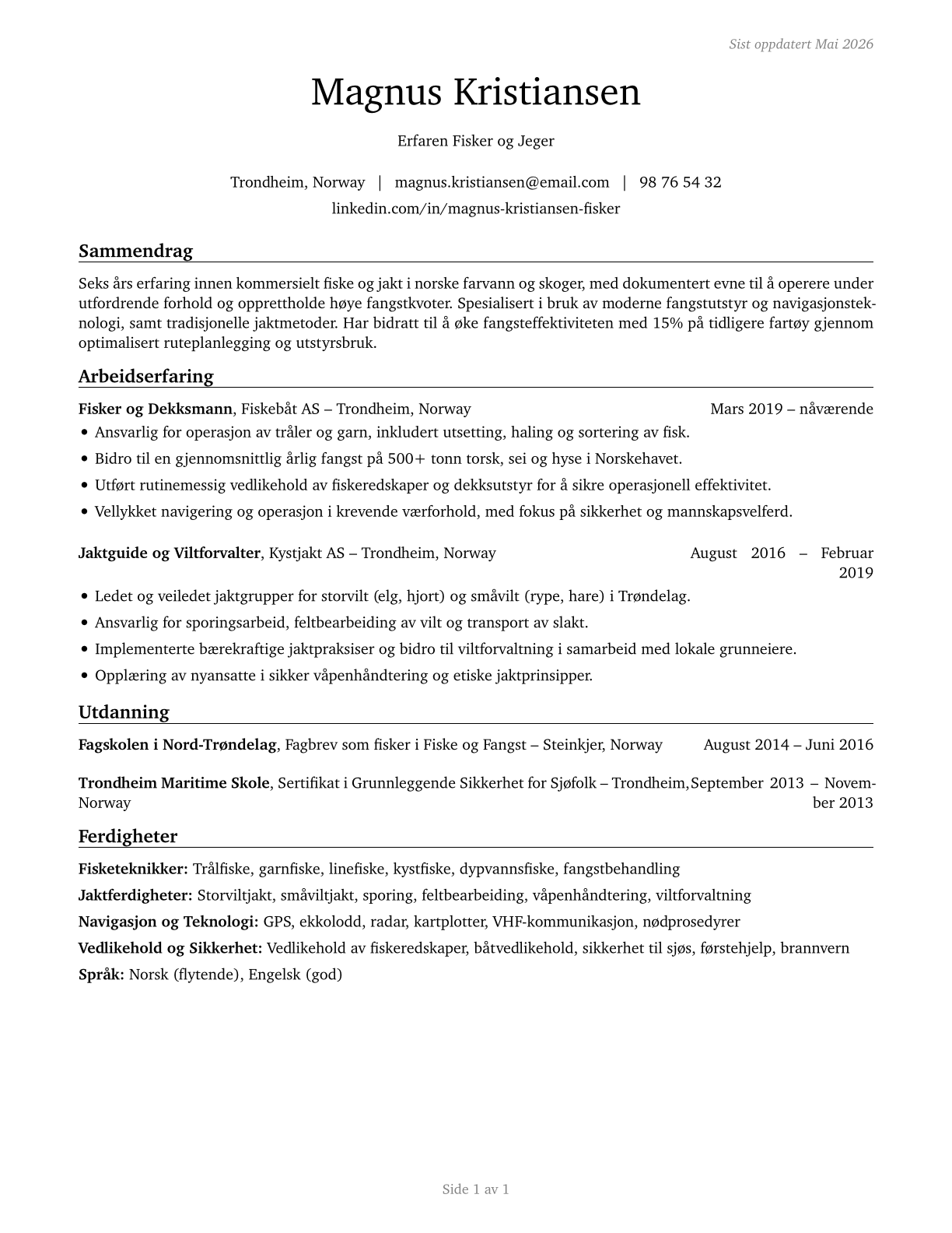 Fishing and Hunting Workers CV in Norwegian_bokmal — page 1