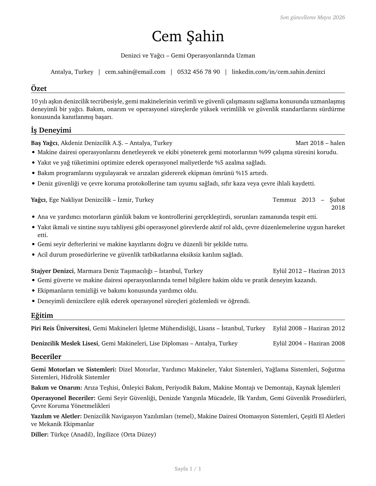 Sailors and Marine Oilers CV in Turkish — page 1