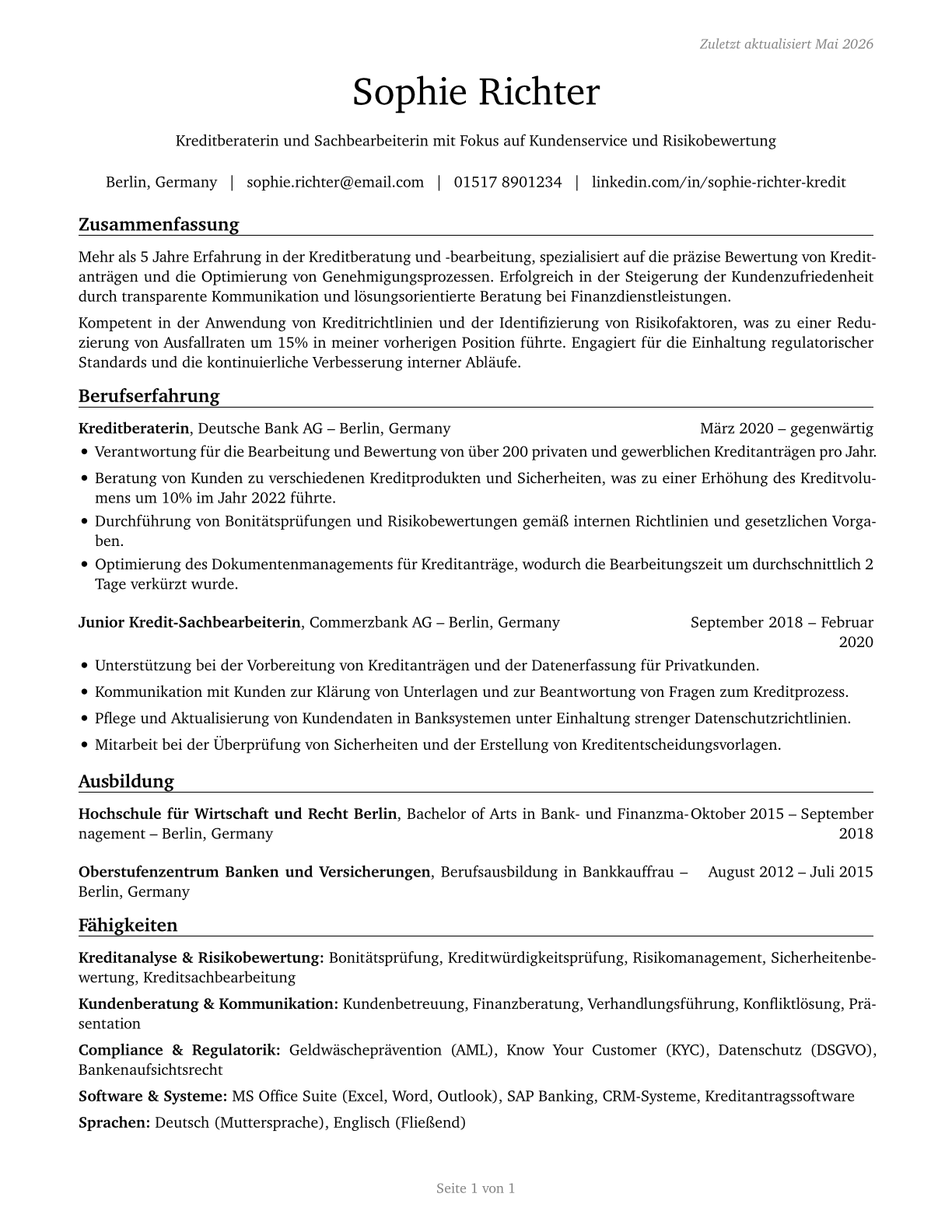Loan Interviewers and Clerks CV in German — page 1