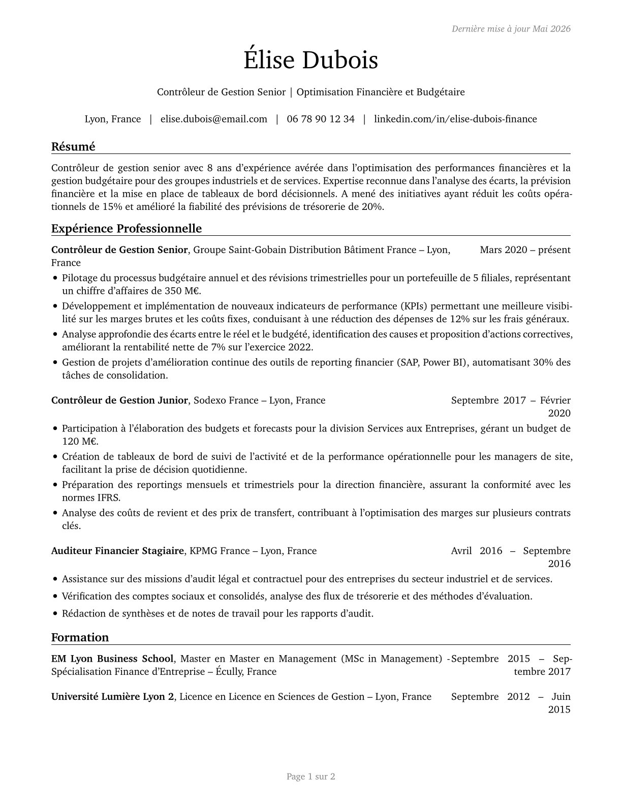 Treasurers and Controllers CV in French — page 1