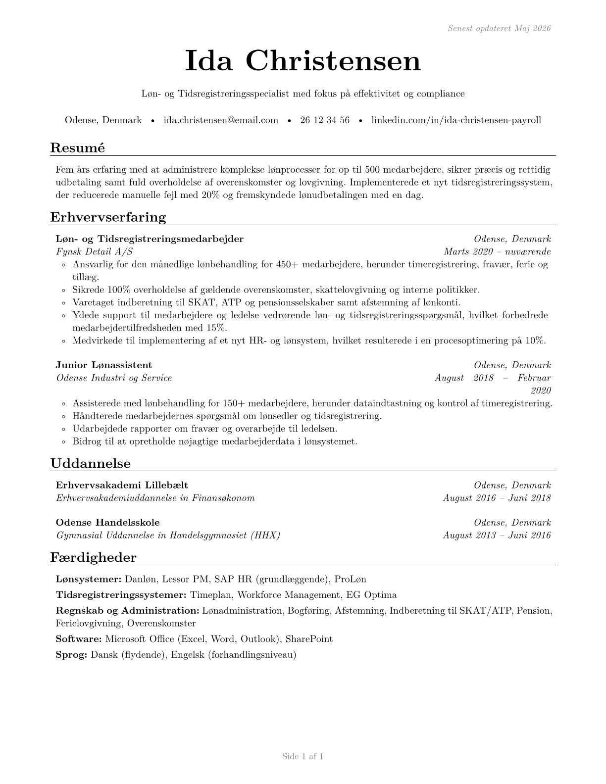Payroll and Timekeeping Clerks CV in Danish — page 1