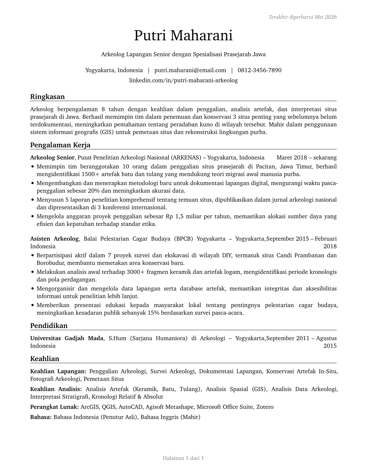 Anthropologists and Archeologists CV in Indonesian — page 1