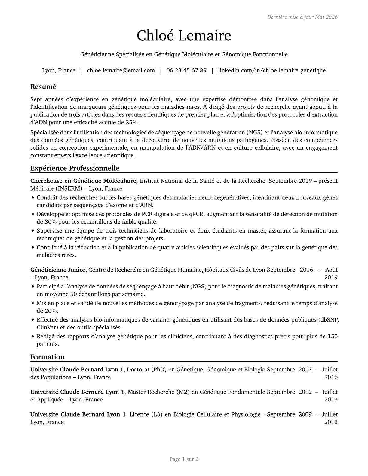 Geneticists CV in French — page 1