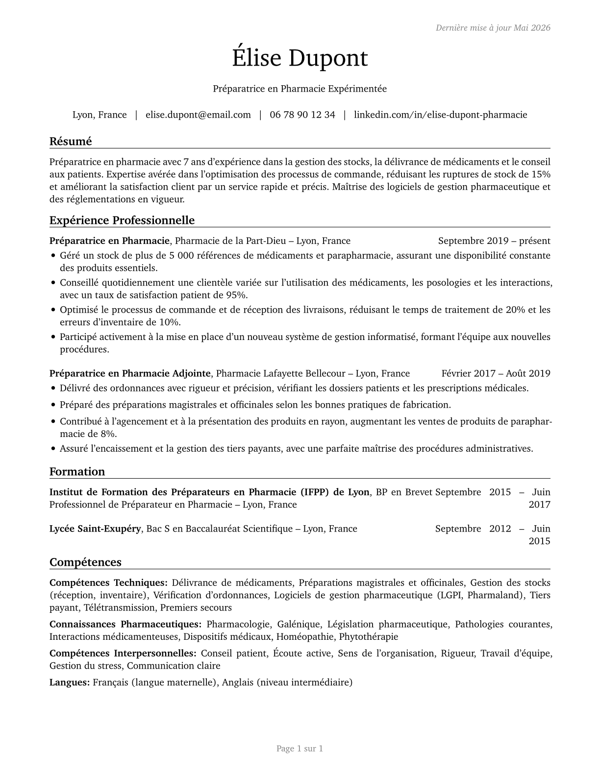 Pharmacy Aides CV in French — page 1