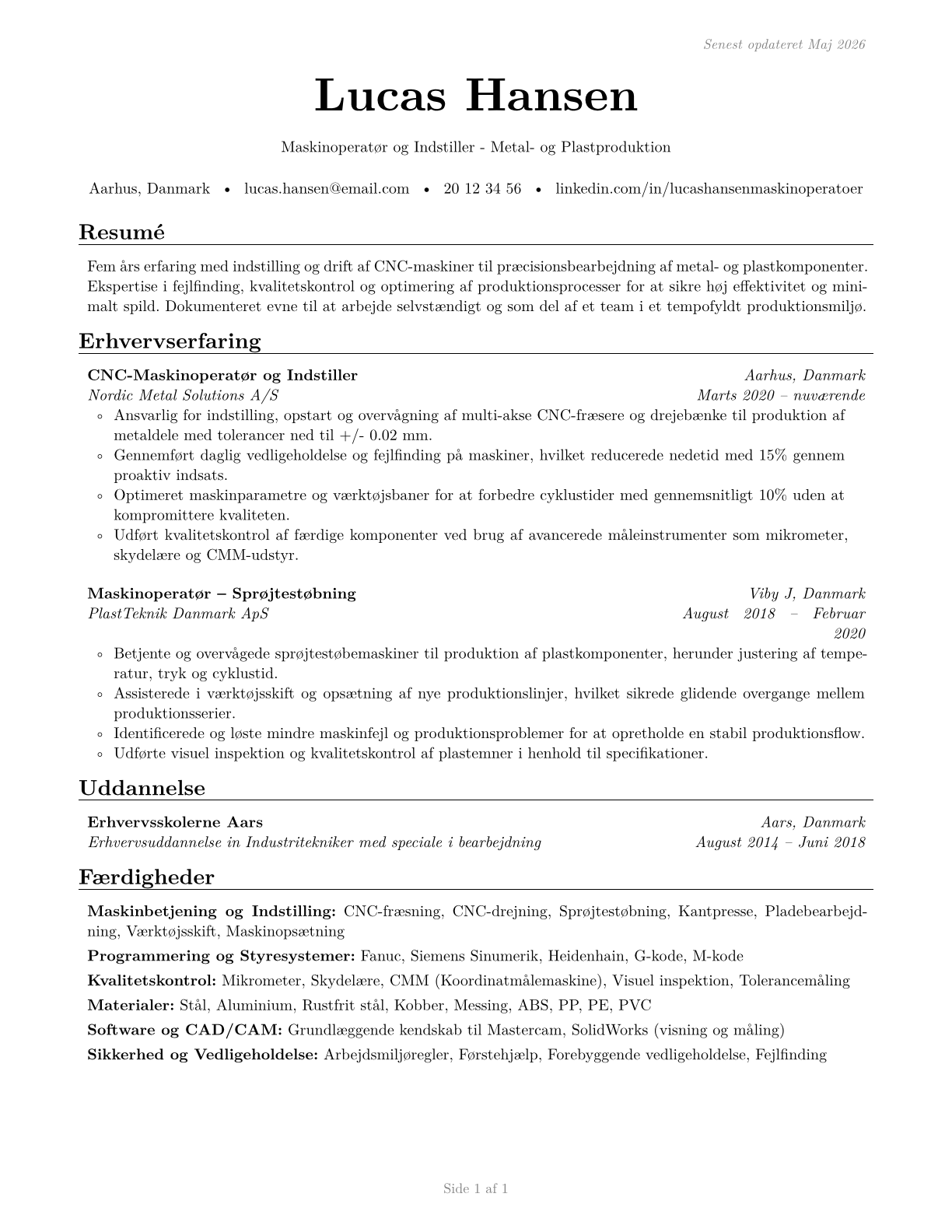 Multiple Machine Tool Setters, Operators, and Tenders, Metal and Plastic CV in Danish — page 1