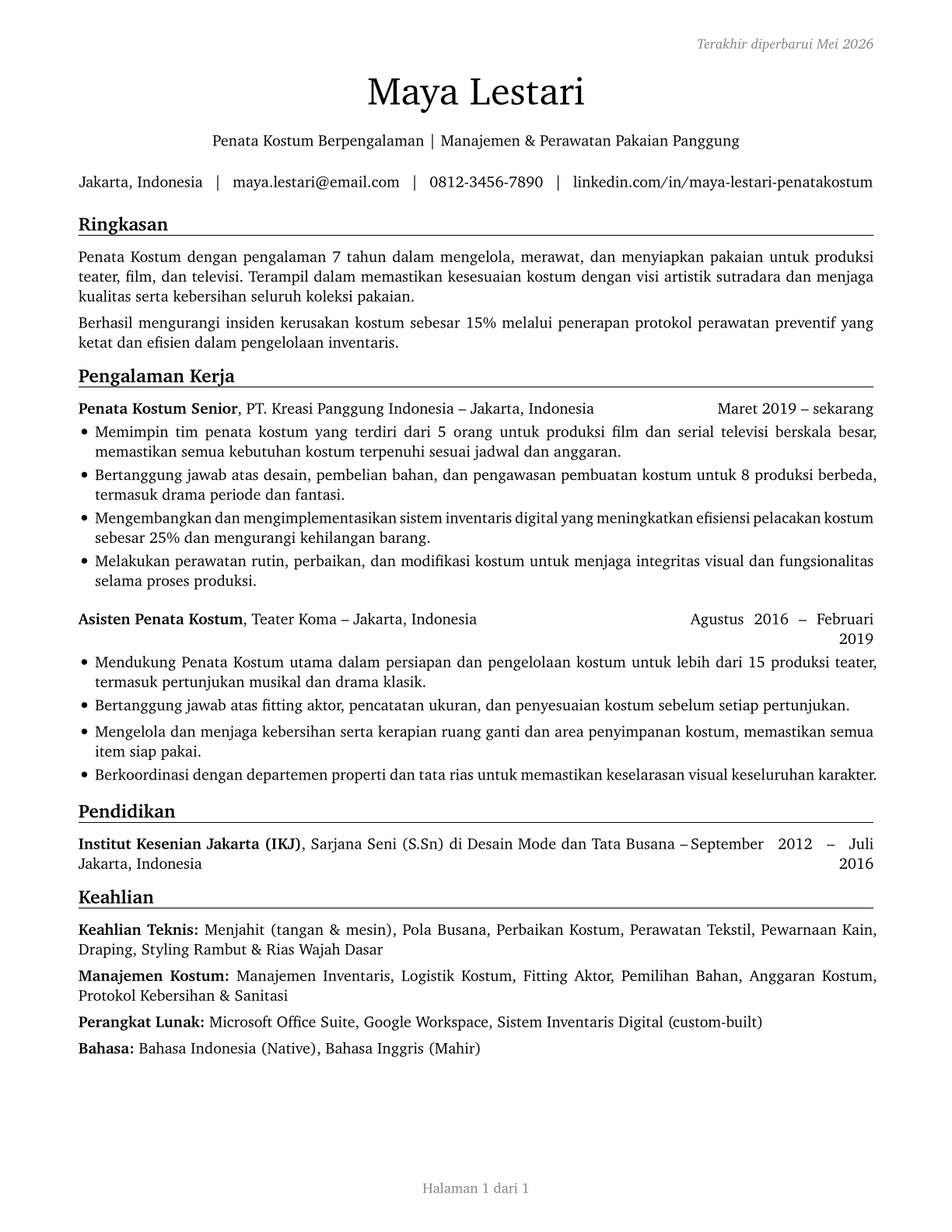 Costume Attendants CV in Indonesian — page 1
