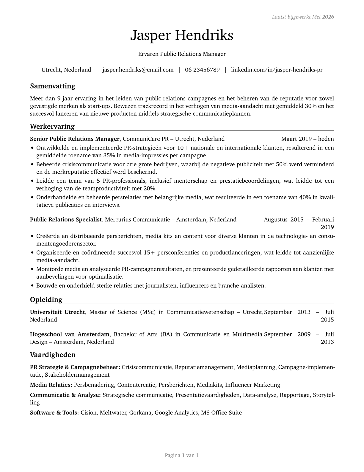 Public Relations Managers CV in Dutch — page 1