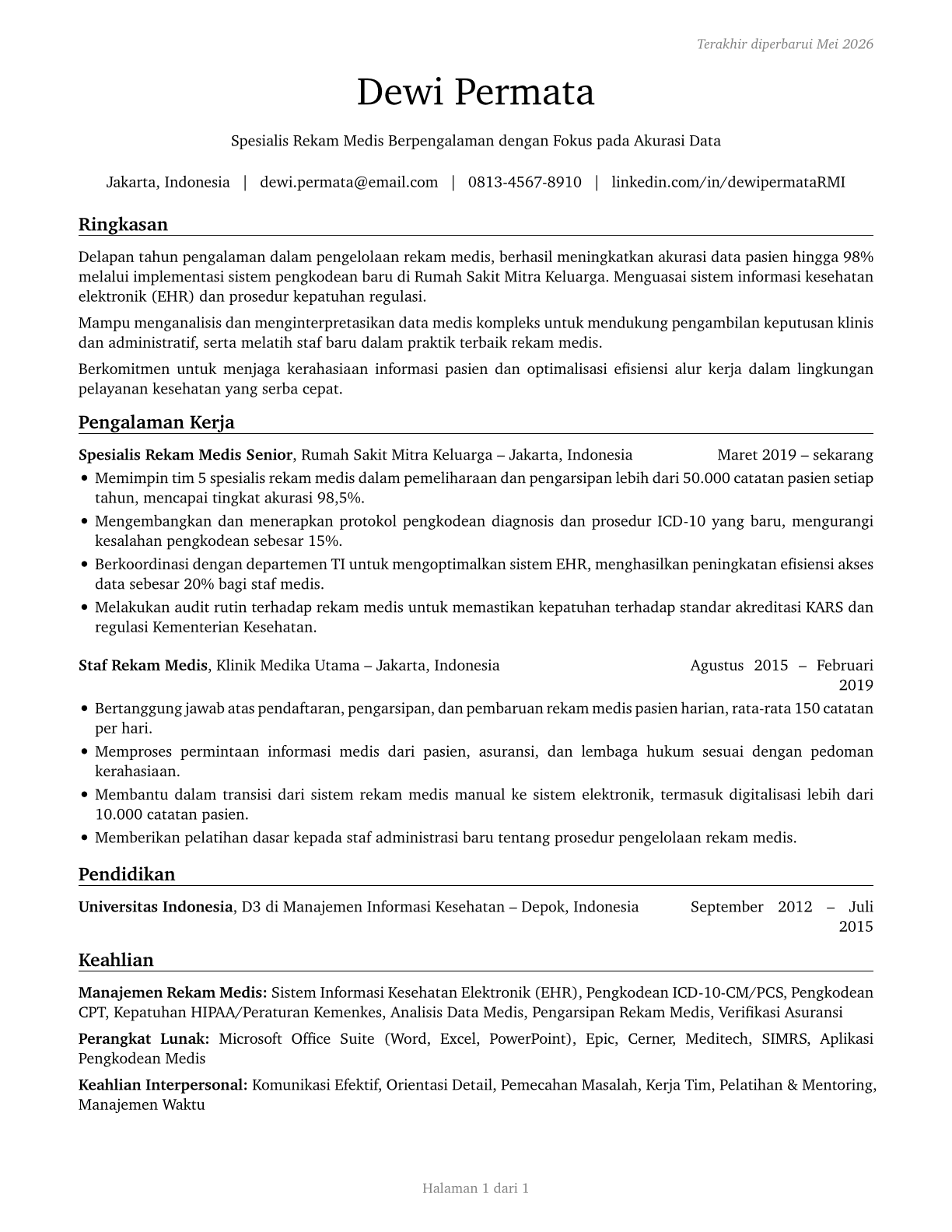 Medical Records Specialists CV in Indonesian — page 1