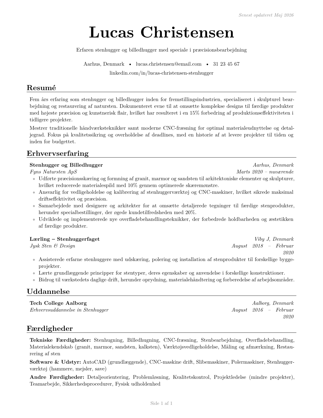 Stone Cutters and Carvers, Manufacturing CV in Danish — page 1