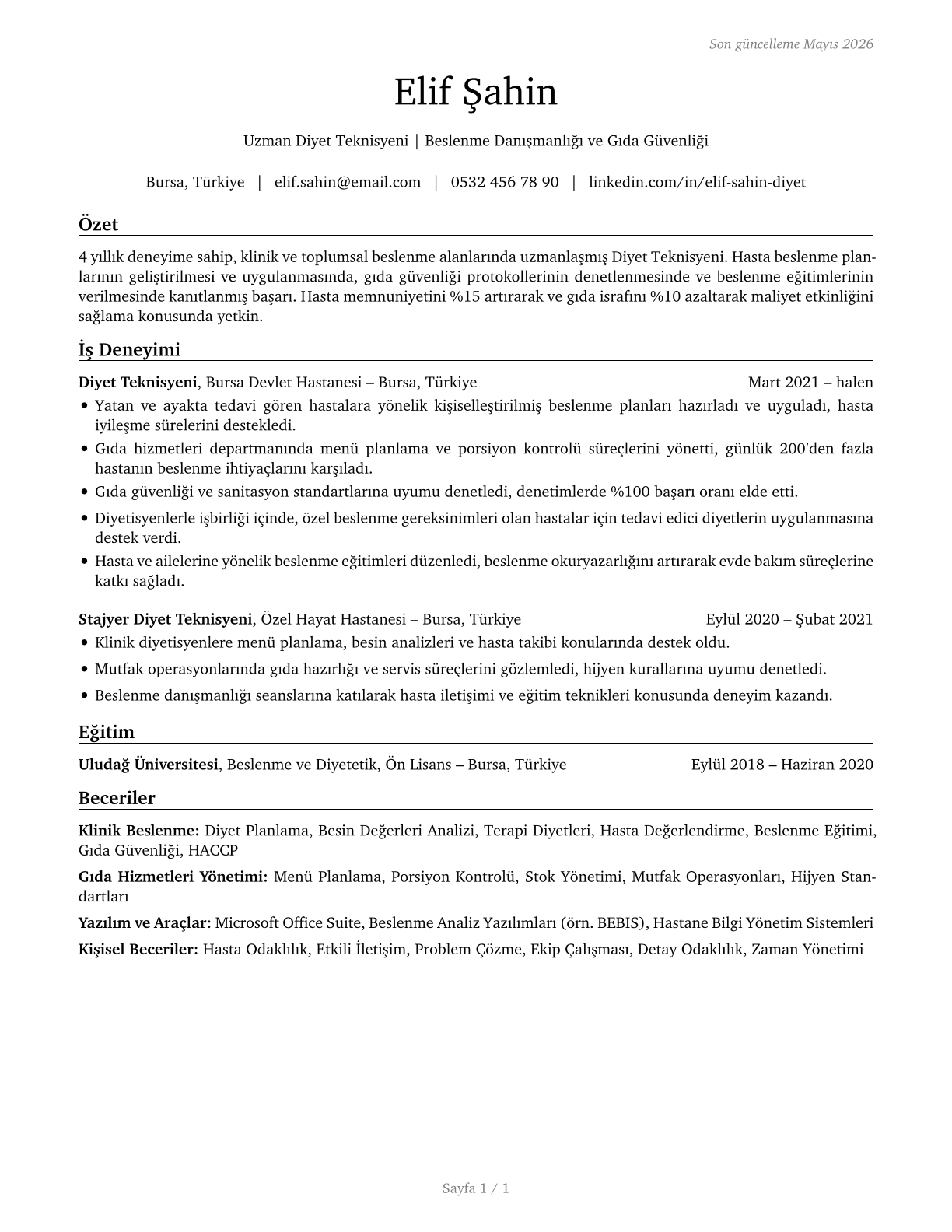 Dietetic Technicians CV in Turkish — page 1