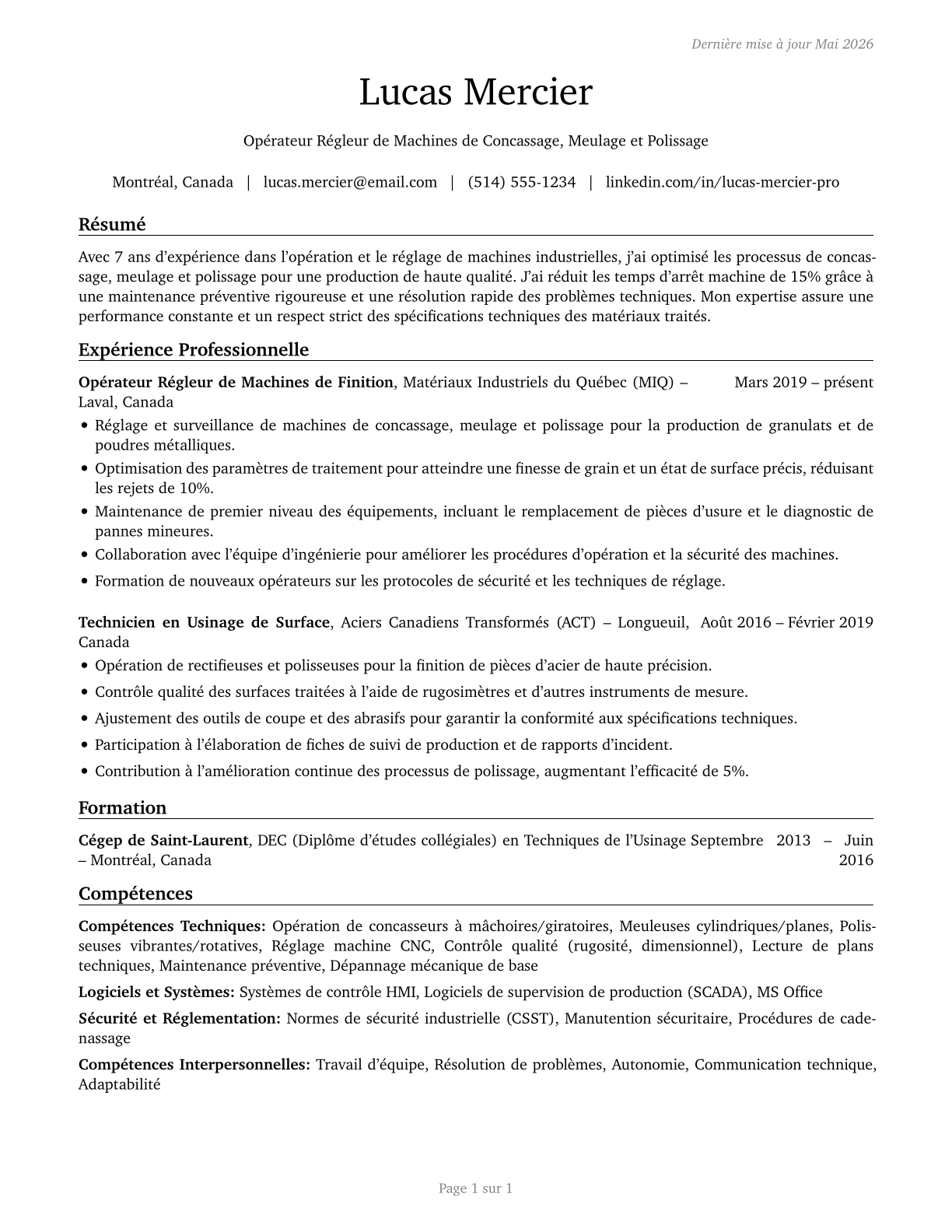 Crushing, Grinding, and Polishing Machine Setters, Operators, and Tenders CV in French — page 1