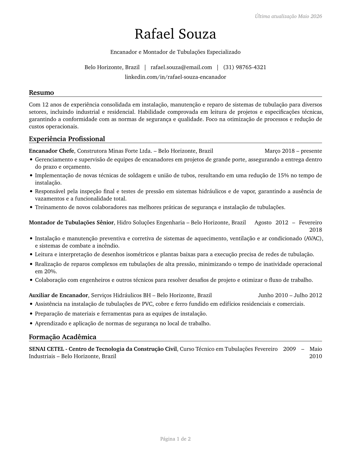 Plumbers, Pipefitters, and Steamfitters CV in Portuguese — page 1