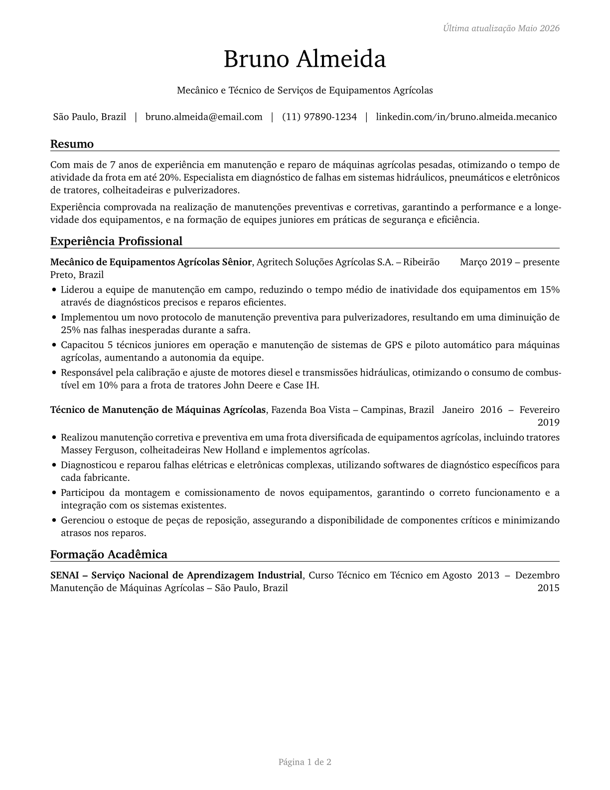 Farm Equipment Mechanics and Service Technicians CV in Portuguese — page 1