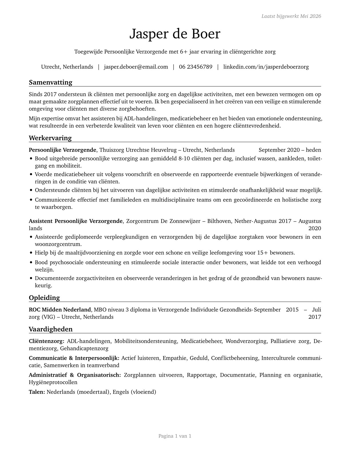 Personal Care Aides CV in Dutch — page 1