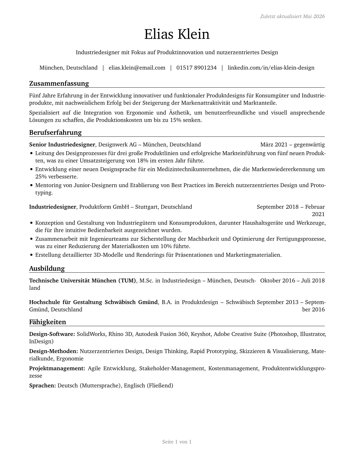Commercial and Industrial Designers CV in German — page 1