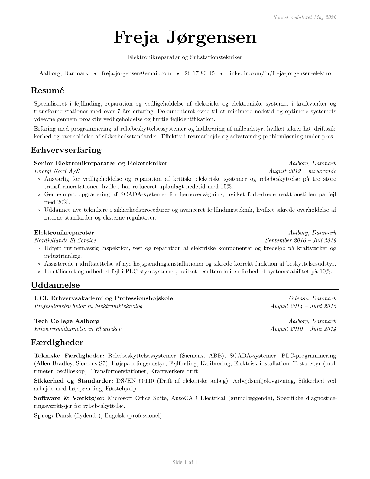 Electrical and Electronics Repairers, Powerhouse, Substation, and Relay CV in Danish — page 1