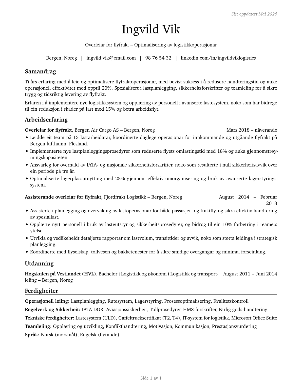 Aircraft Cargo Handling Supervisors CV in Norwegian_nynorsk — page 1
