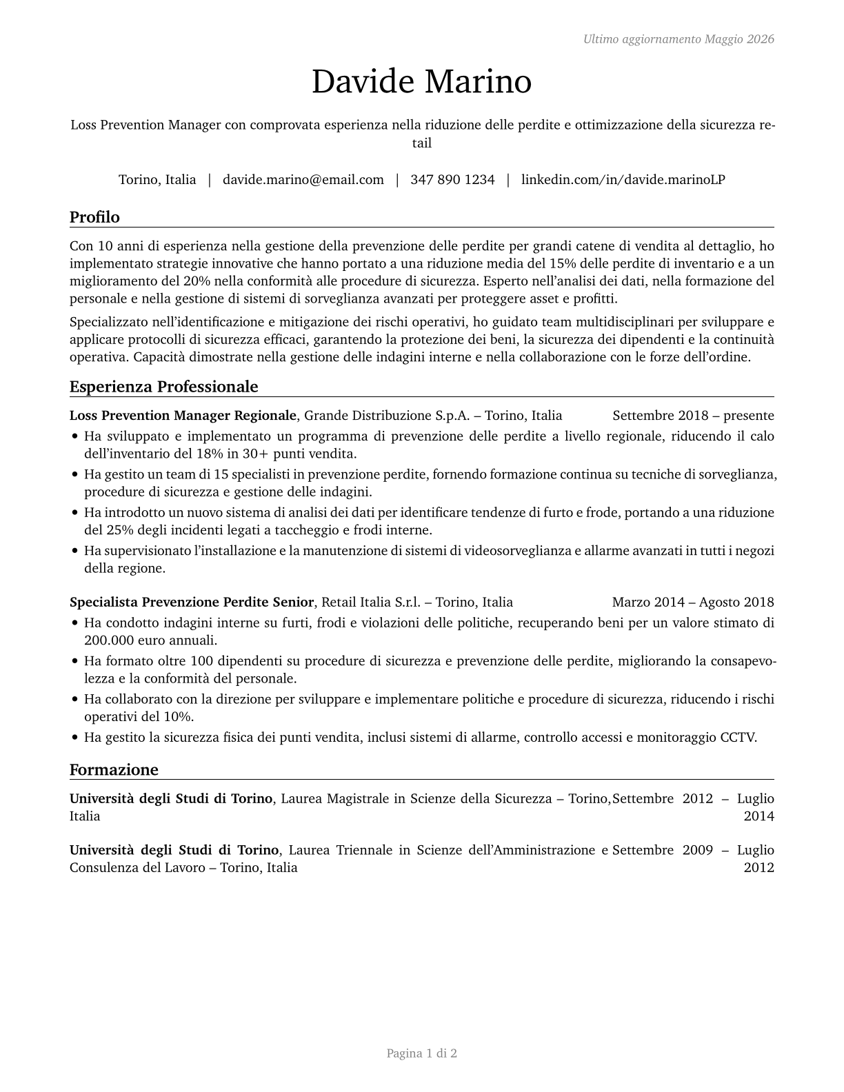 Loss Prevention Managers CV in Italian — page 1