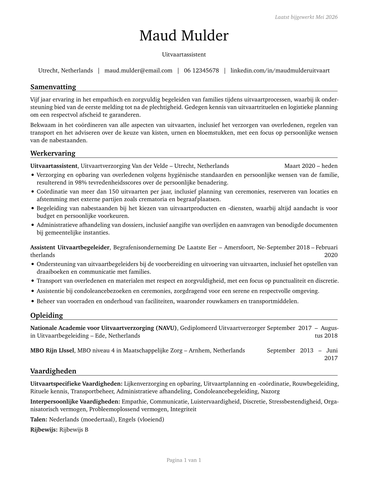 Funeral Attendants CV in Dutch — page 1