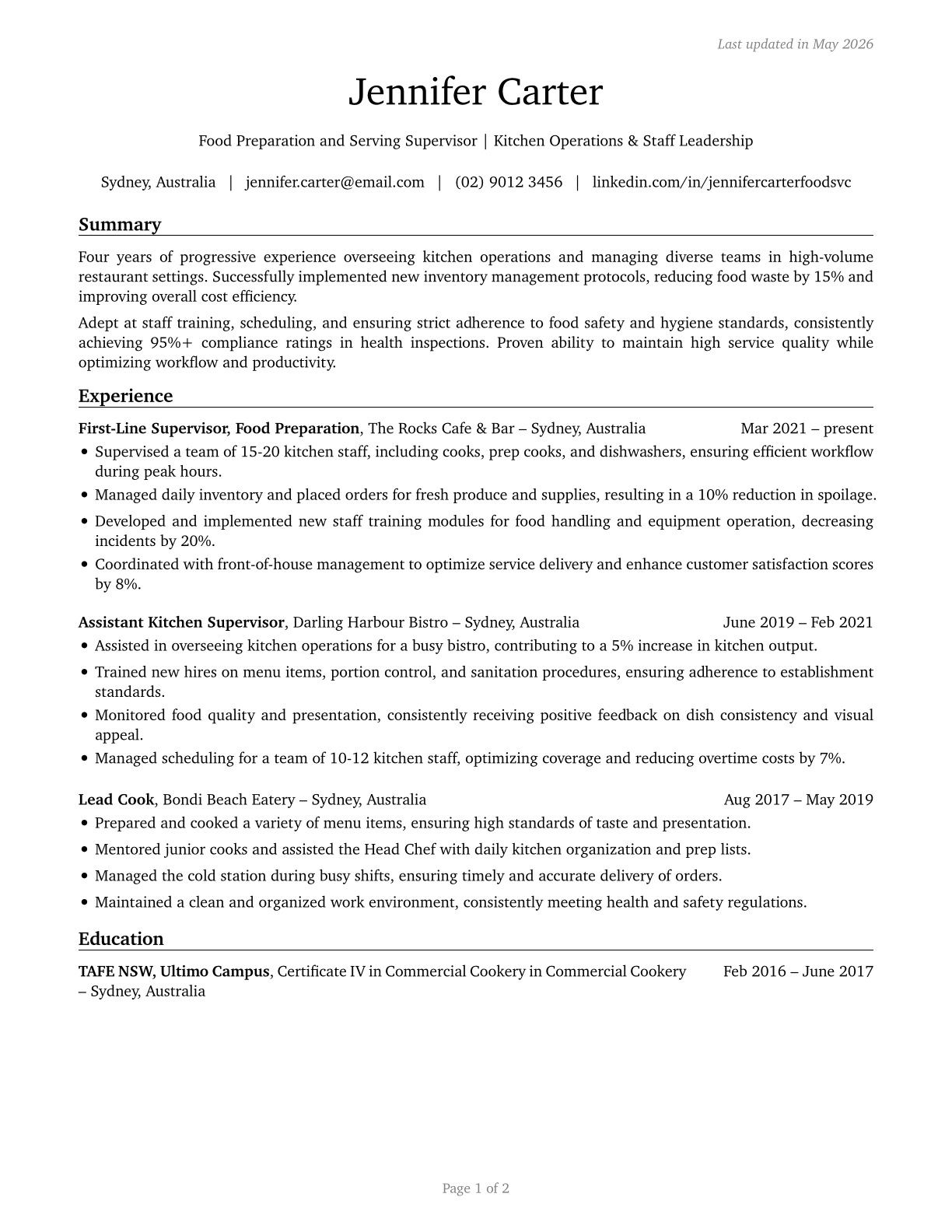 First-Line Supervisors of Food Preparation and Serving Workers CV in English — page 1