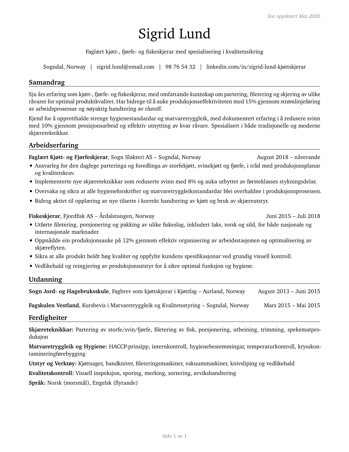 Meat, Poultry, and Fish Cutters and Trimmers CV in Norwegian_nynorsk — page 1