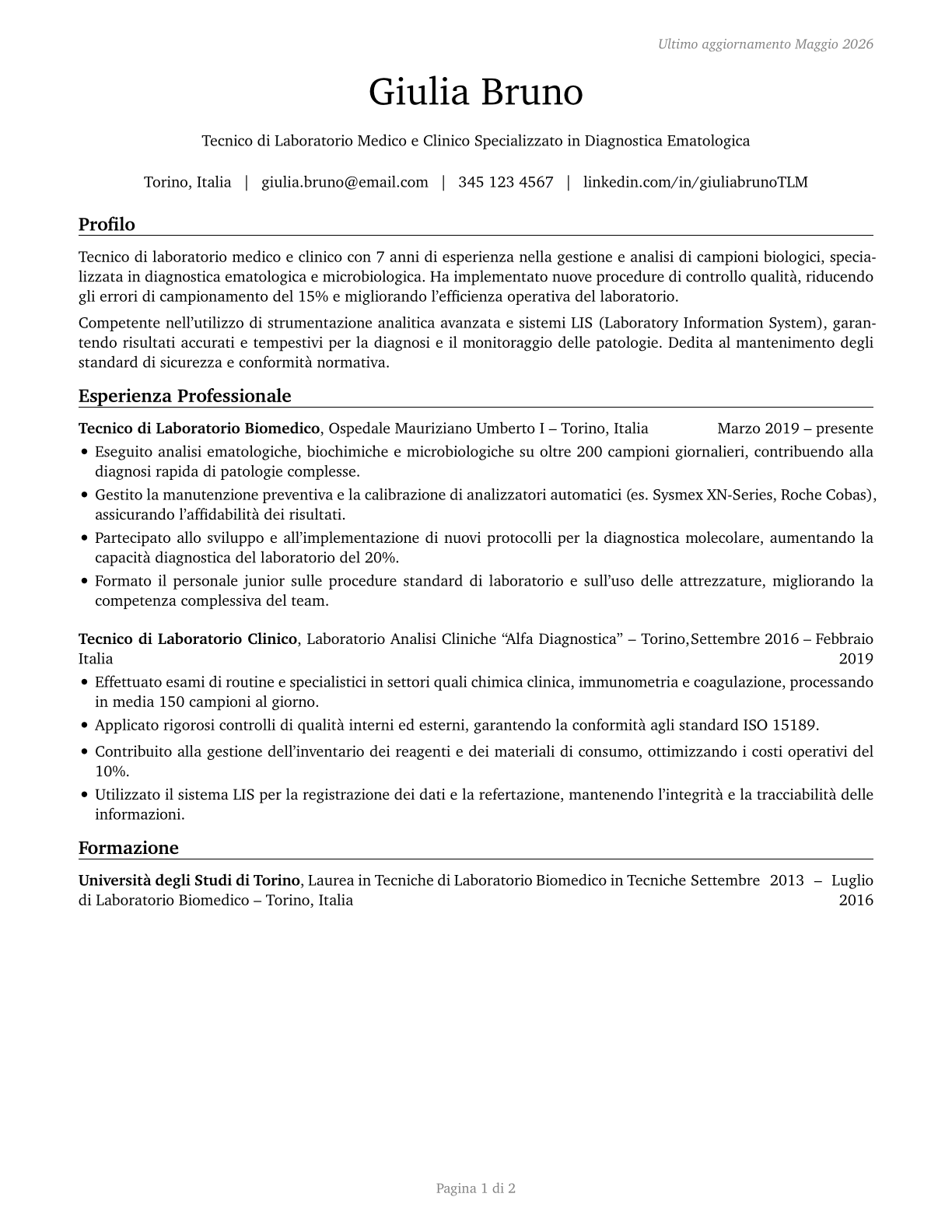 Medical and Clinical Laboratory Technicians CV in Italian — page 1