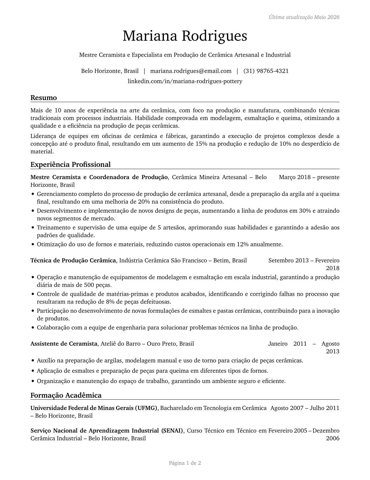Potters, Manufacturing CV in Portuguese — page 1