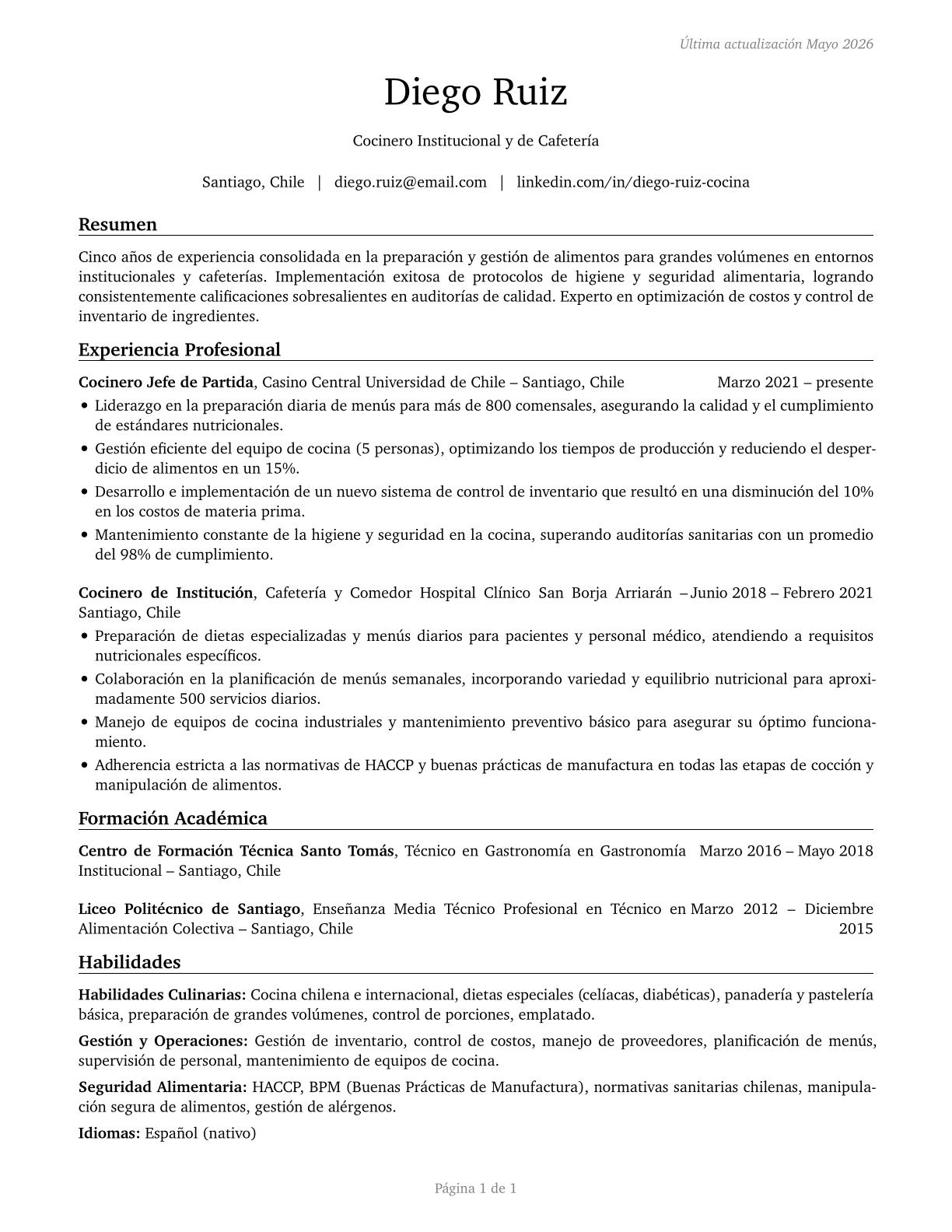 Cooks, Institution and Cafeteria CV in Spanish — page 1