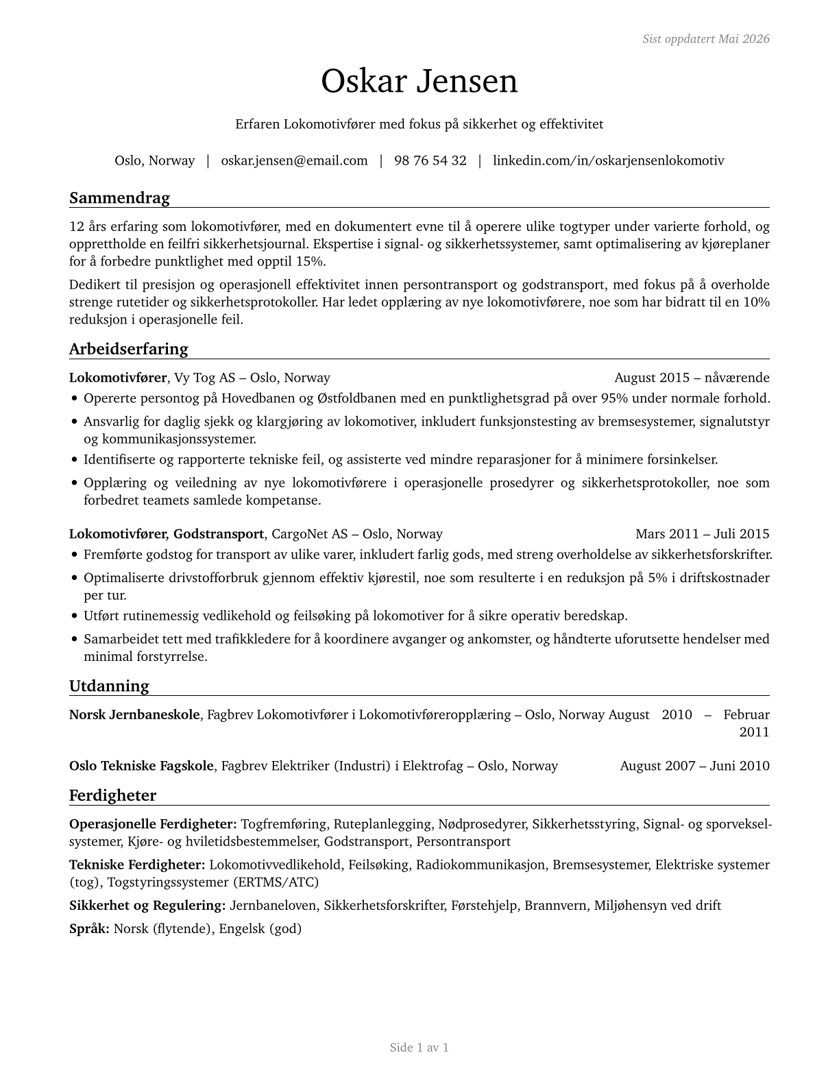 Locomotive Engineers CV in Norwegian_bokmal — page 1