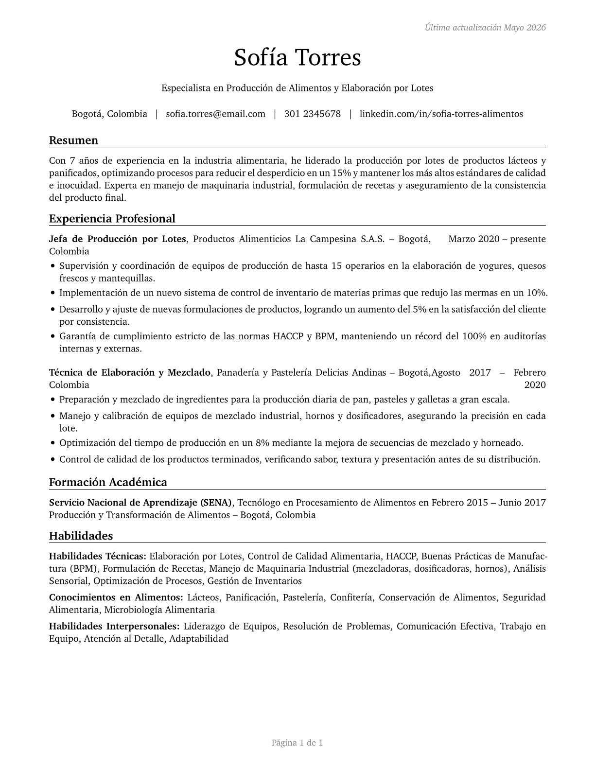 Food Batchmakers CV in Spanish — page 1