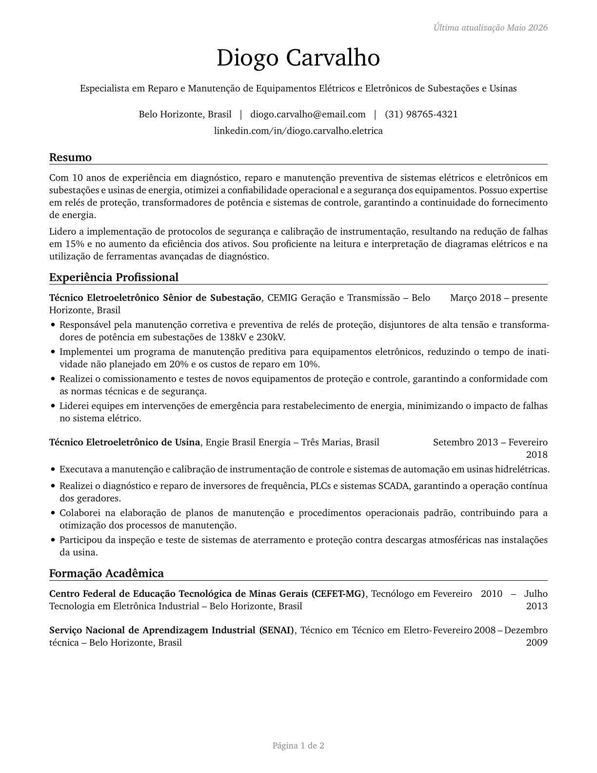 Electrical and Electronics Repairers, Powerhouse, Substation, and Relay CV in Portuguese — page 1