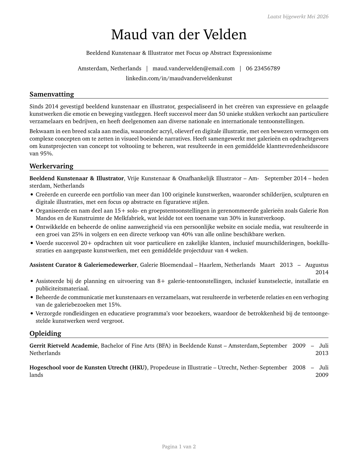 Fine Artists, Including Painters, Sculptors, and Illustrators CV in Dutch — page 1