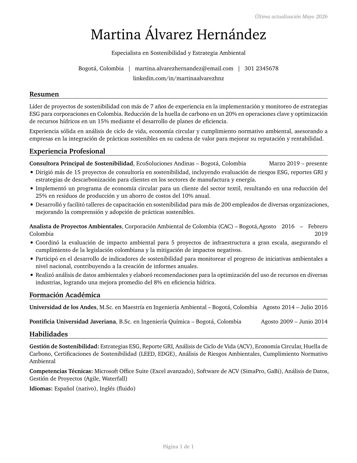 Sustainability Specialists CV in Spanish — page 1