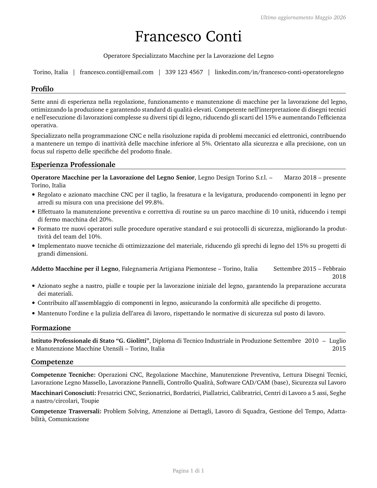 Woodworking Machine Setters, Operators, and Tenders, Except Sawing CV in Italian — page 1