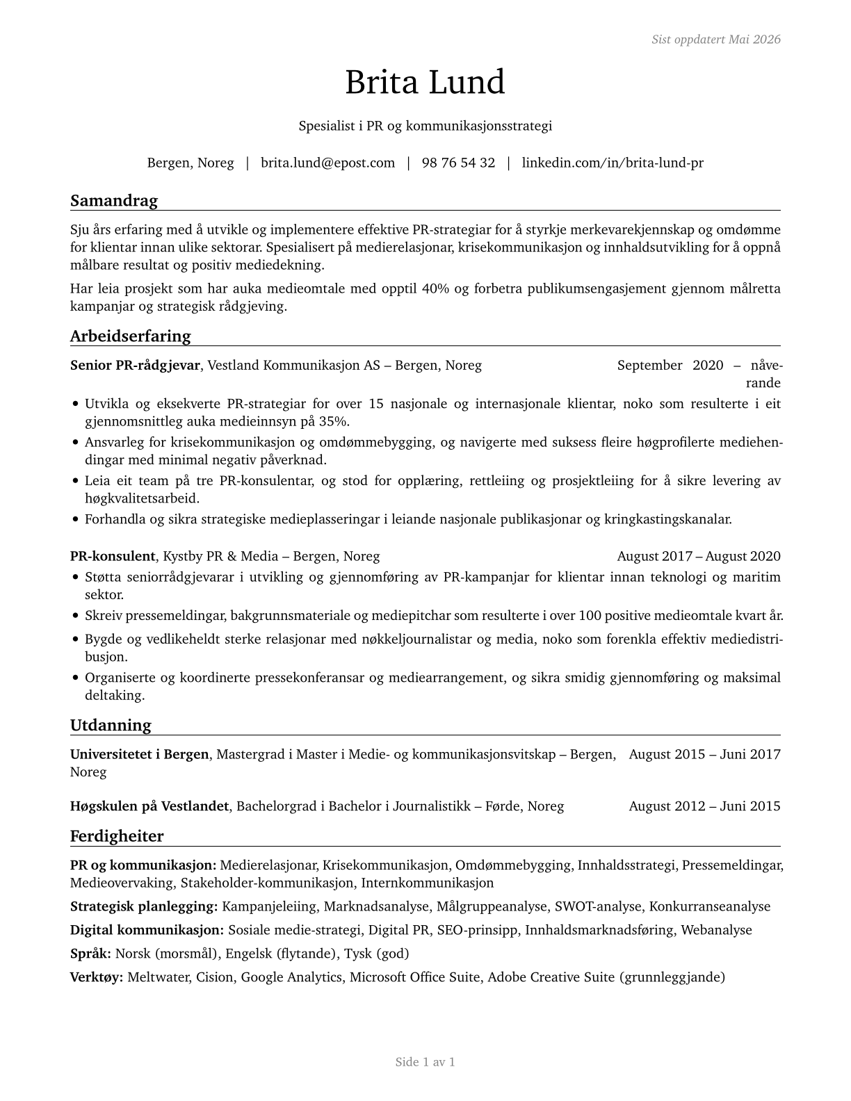 Public Relations Specialists CV in Norwegian_nynorsk — page 1