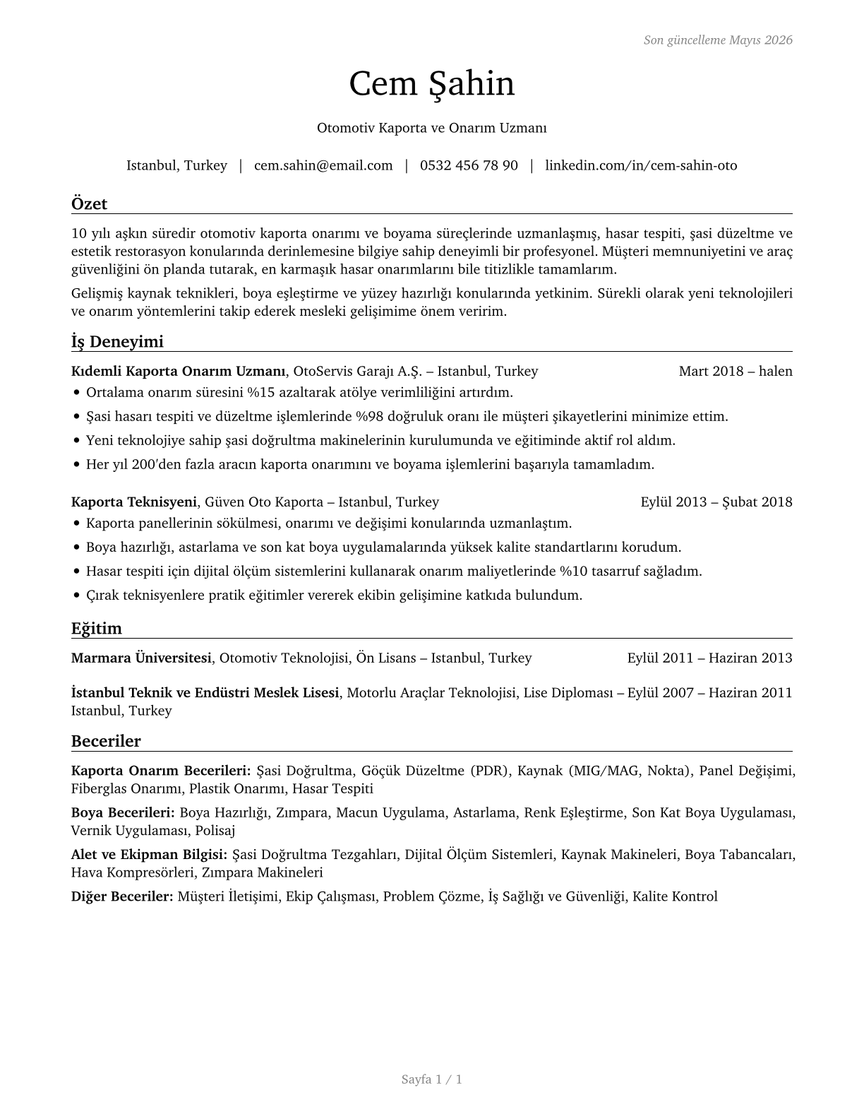 Automotive Body and Related Repairers CV in Turkish — page 1