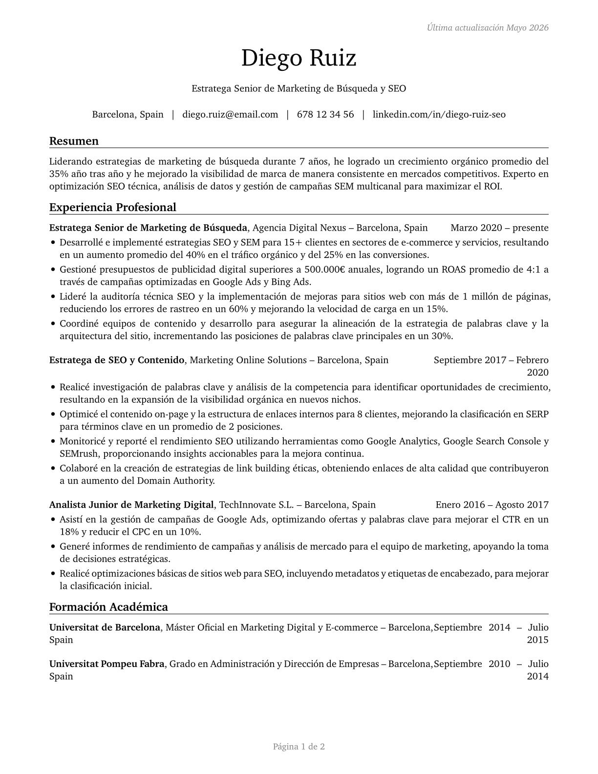 Search Marketing Strategists CV in Spanish — page 1