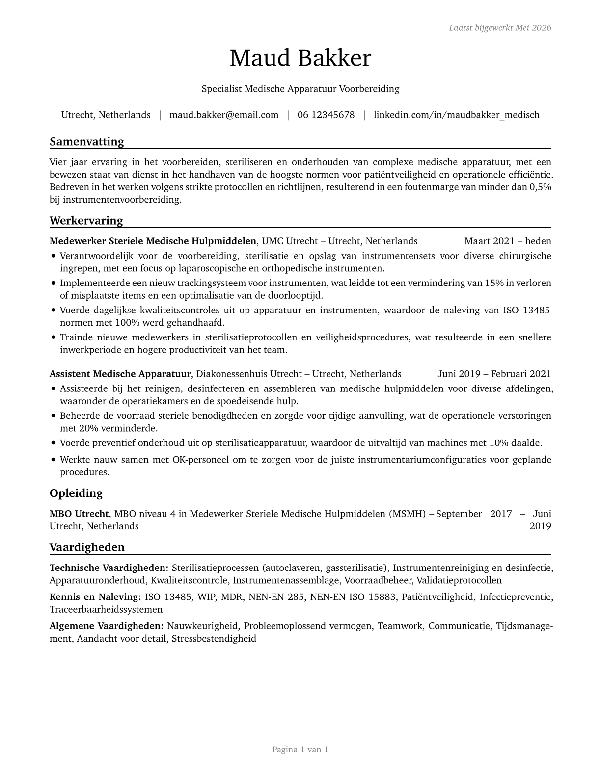 Medical Equipment Preparers CV in Dutch — page 1