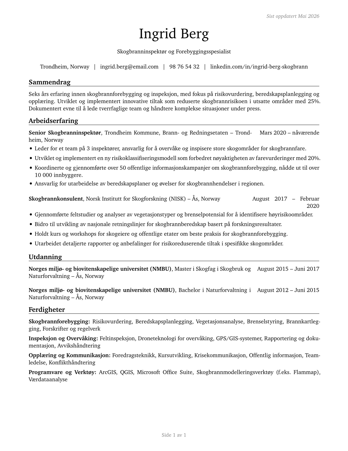 Forest Fire Inspectors and Prevention Specialists CV in Norwegian_bokmal — page 1