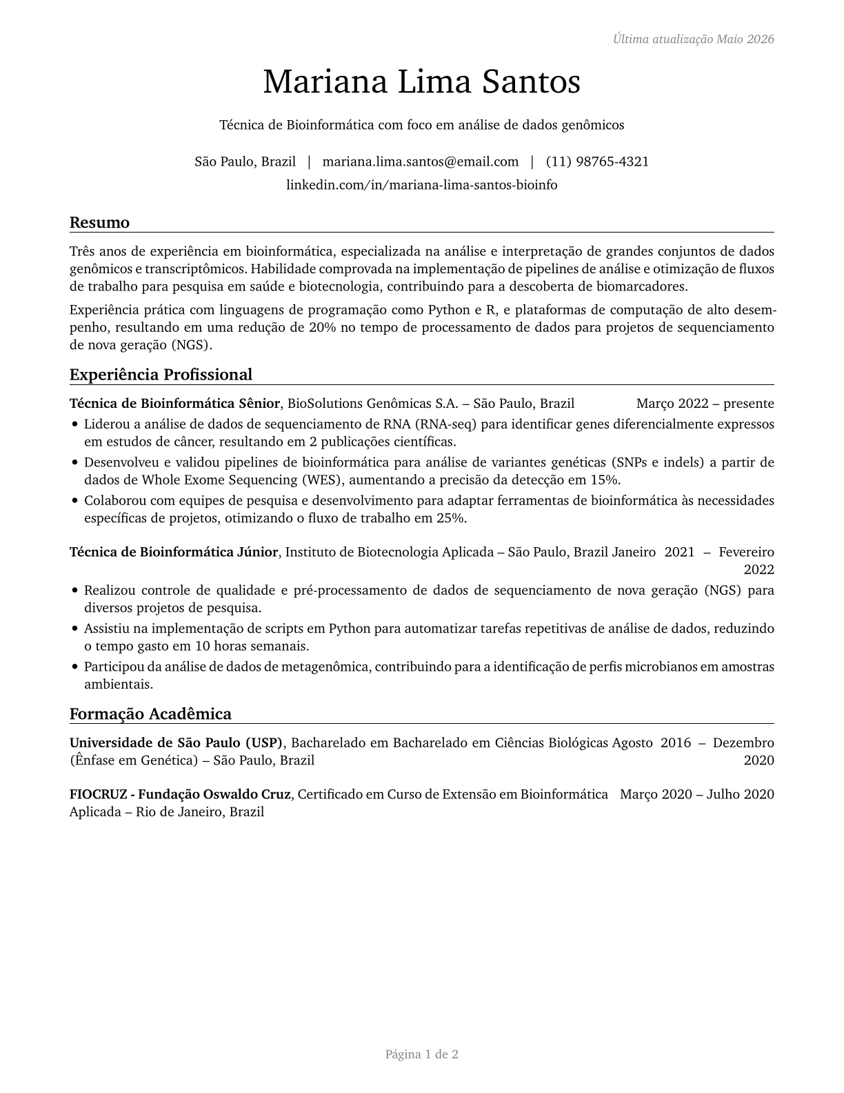 Bioinformatics Technicians CV in Portuguese — page 1