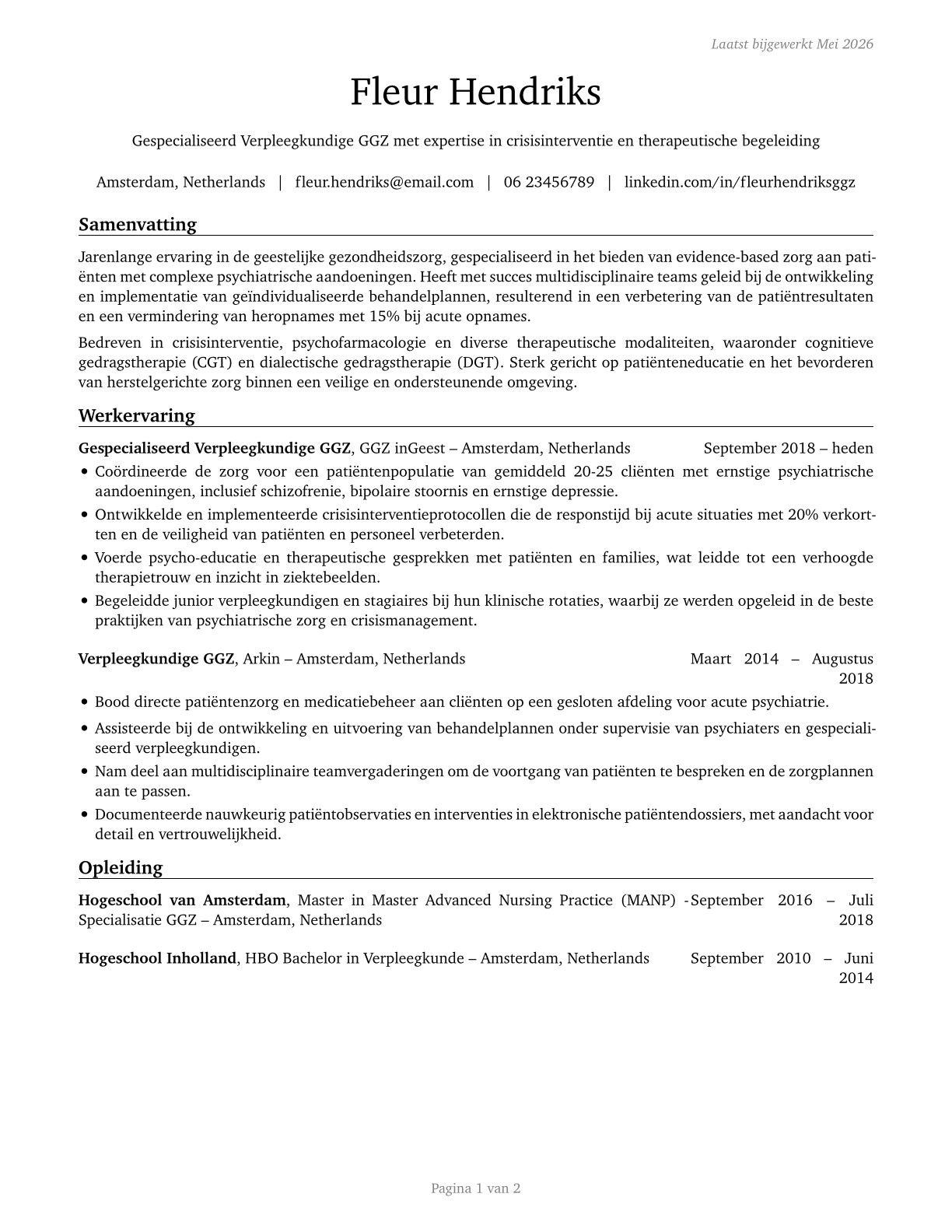 Advanced Practice Psychiatric Nurses CV in Dutch — page 1