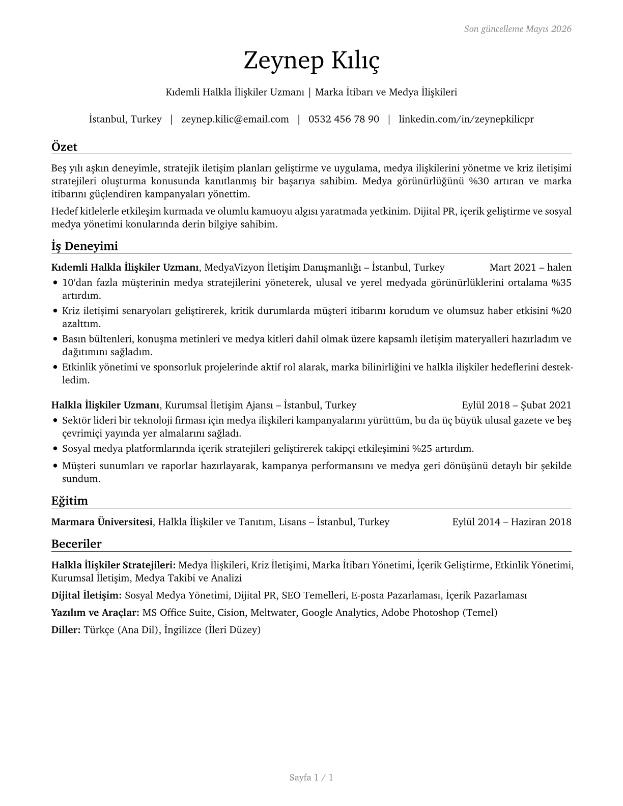 Public Relations Specialists CV in Turkish — page 1
