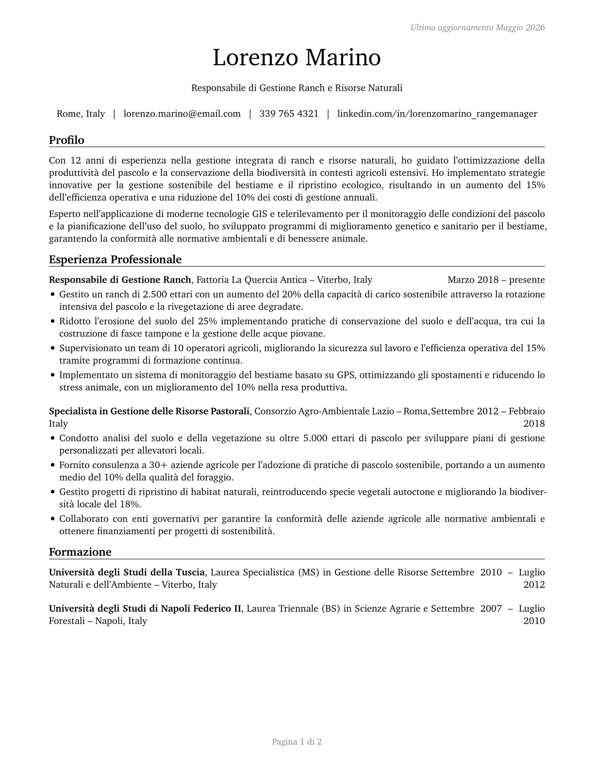 Range Managers CV in Italian — page 1