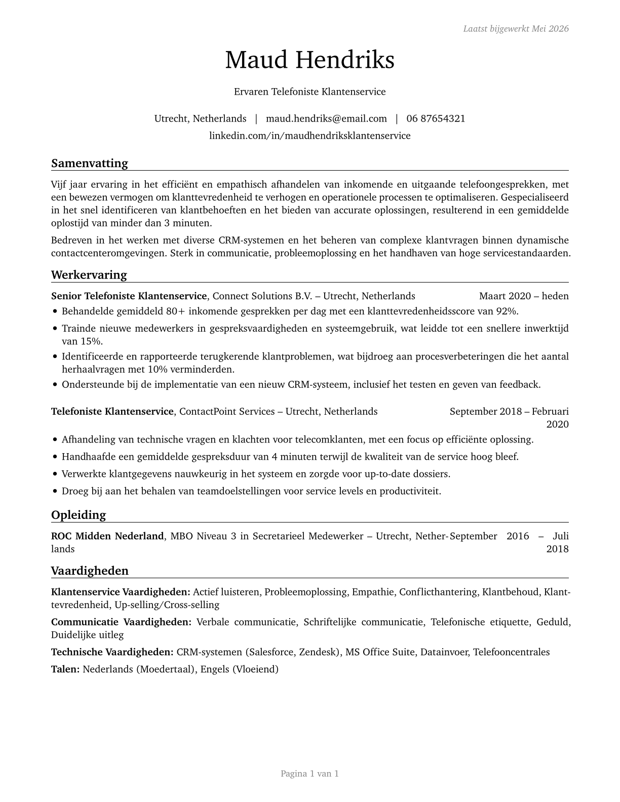 Telephone Operators CV in Dutch — page 1